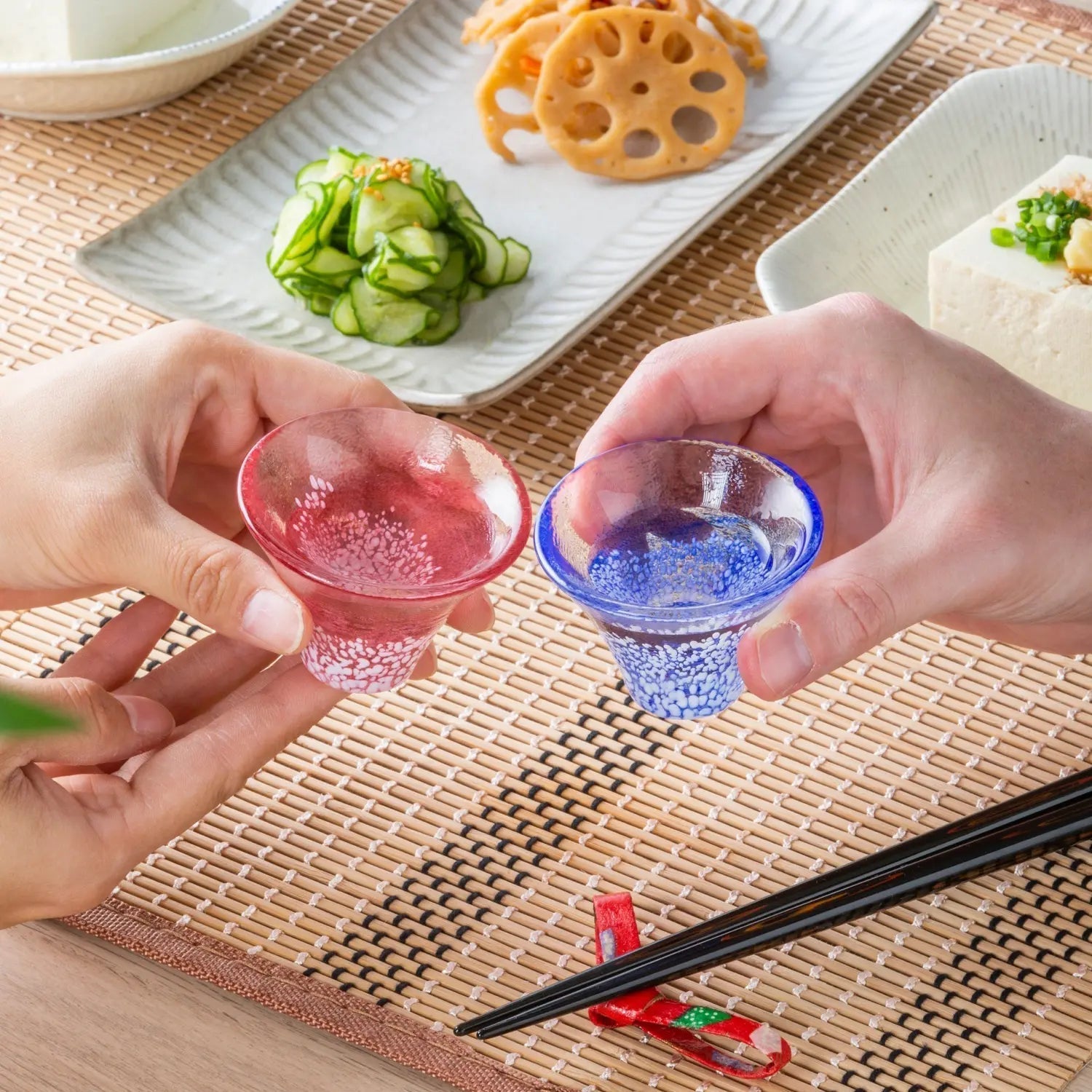 Toyo Sasaki Glass Mount Fuji Glass Sake Cup Blue and Red - Single