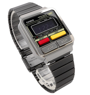 Close‑up of Casio A120WEGG‑1B, featuring amber LED backlight for legibility

