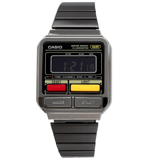 Casio A120WEGG‑1B with stopwatch mode visible, offering precision timing