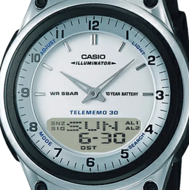 Casio AW‑80 white dial 40 mm watch, dual display, world time and databank