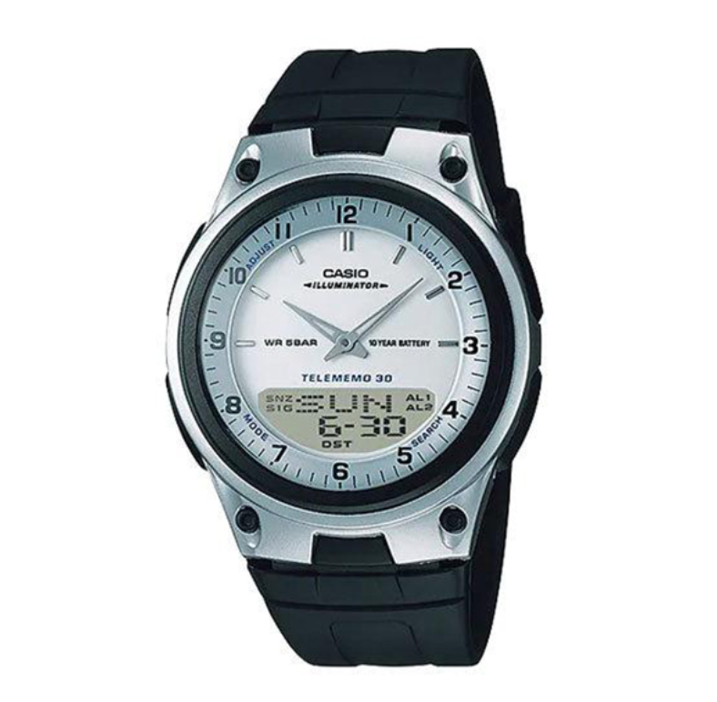 Close‑up of Casio AW‑80 black dial, digital LCD and analog hands clear view

