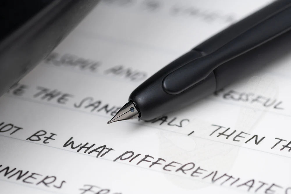 Close-up of Pilot Japan Capless FC18SRBMEF Fountain Pen Extra Fine Matte Black, featuring 18K gold nib for smooth ink flow